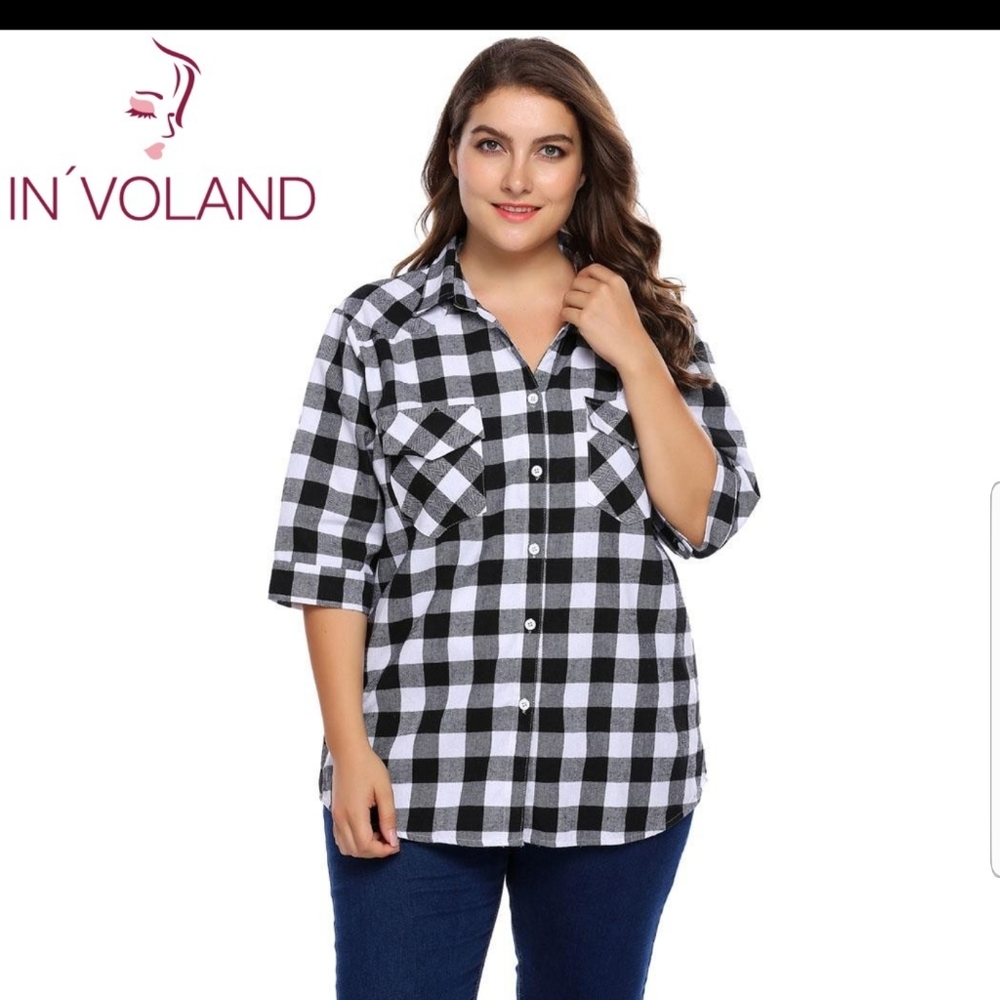 Plus Size 3/4 Sleeve Plaid Button Down Shirt